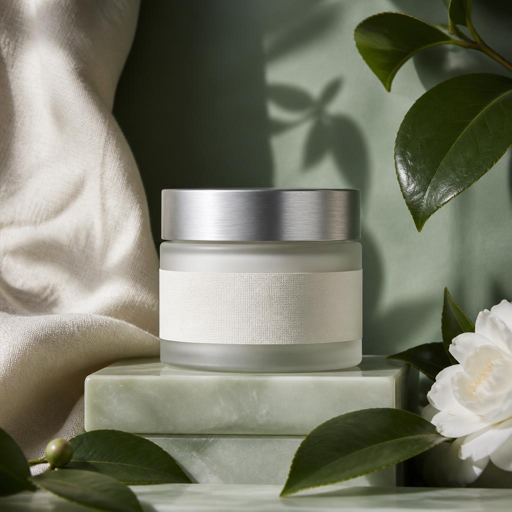 Blueberry Age Cream in frosted glass jar · aluminium lid with its printed name label
