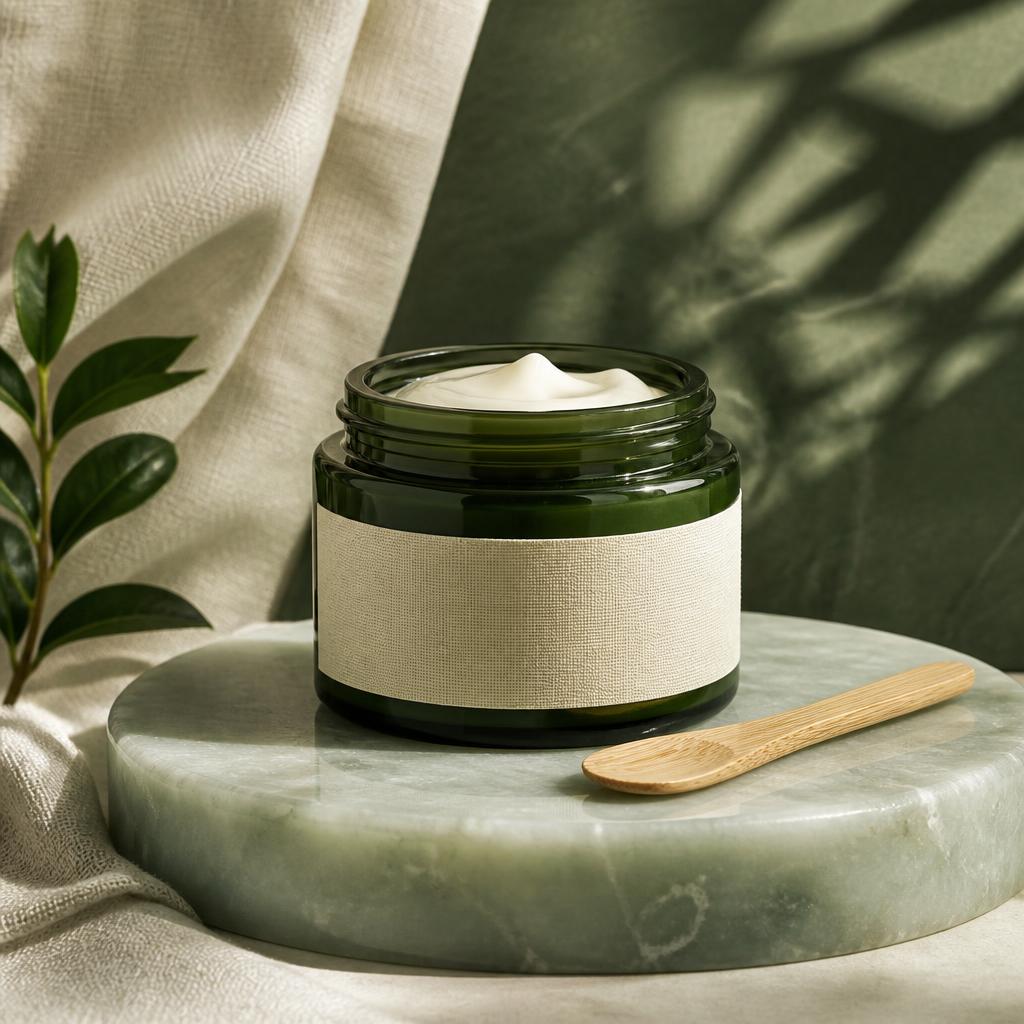 Overnight Recovery Mask in green glass jar · bamboo spatula with its printed name label