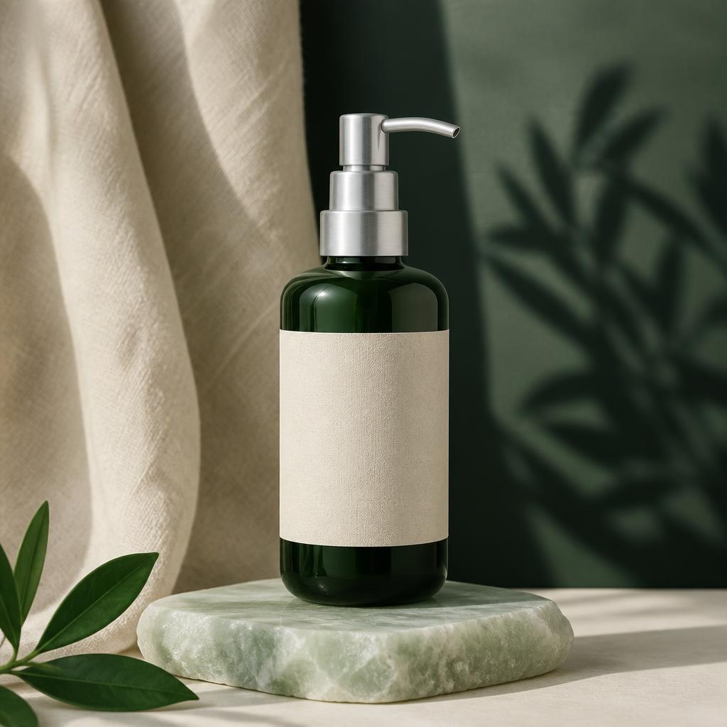 Frangipani Body Wash in refillable green glass · aluminium pump with its printed name label