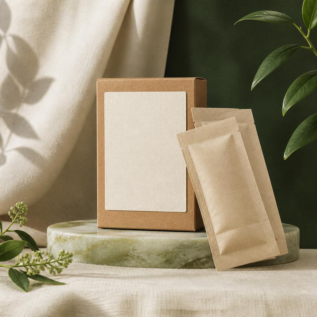 Midnight Crystal Sheet Mask in compostable sachet · fsc carton with its printed name label